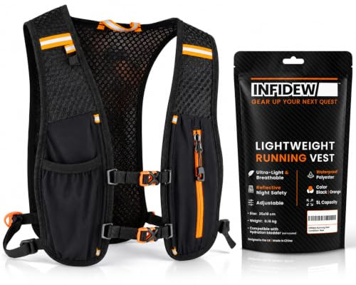 Infidew Running Vest 5L – Lightweight Breathable Hydration Running Backpack, Reflective Trail Running Pack, Adjustable Fit for Men & Women, Reusable Zip Storage Pouch, Black/Orange