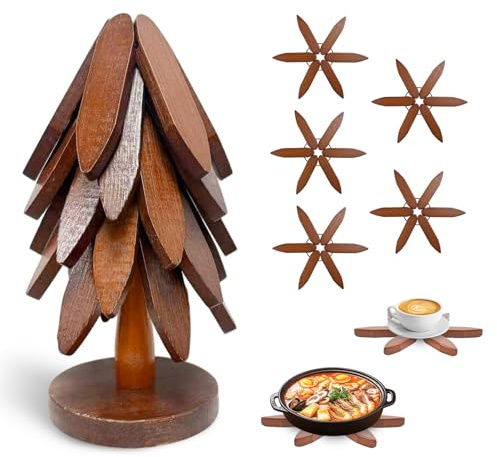 Untersetzer Holz Set für Heiße Gerichte Faltbare Baum Holzuntersetzer Weihnachtsbaum Topfuntersetzer für heiße Töpfe und Geschirr Heiße Getränke Teekanne Küchen und Tischdekoration 5 Stück Baumsetzer