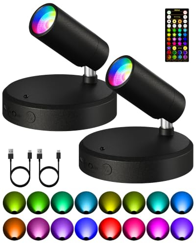 EZVALO RGB Spotlights Indoor with Remote, 5500mAh Rechargeable Picture Lights, DIY Mode & 83 Color Changing Uplighting, Wireless Mini Accent Lighting for Plant Painting, Artwork (2, Black-RGB)