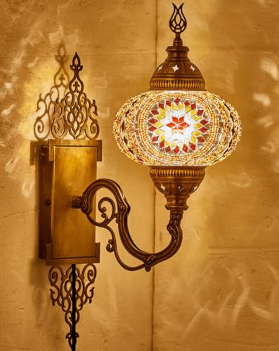 DEMMEX Turkisk marockansk mosaik vägglampa, handgjord glasjord, mässingsbas, 1,5 m kabel, dekorativ belysning för vardagsrum och sovrum, brun