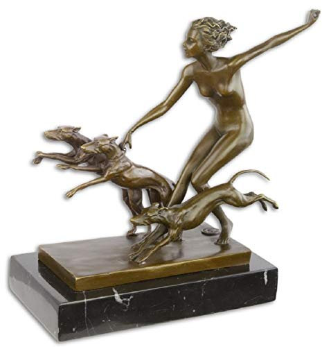Casa Padrino Scultura in Bronzo di Lusso Donna con 3 Cani Bronzo/Oro/Nero 21,8 x 10,8 x H. 22,9 cm - Figura in Bronzo con Base in Marmo - Figura Deco