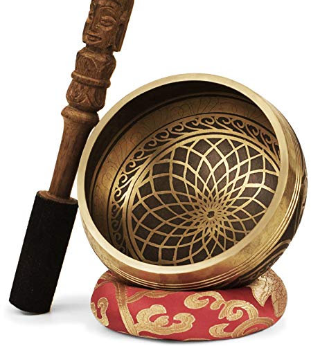 TARORO Cuenco Tibetano; Ø13cm; hecho a mano en Nepal ~ Diseño antiguo original ~ Vendido con un cojín de seda roja y un mazo con Dorje tallado a mano ~ Regalo espiritual
