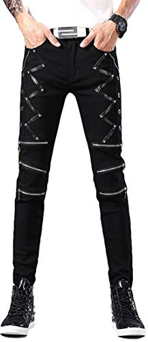 Idopy Men`s Punk Gothic Night Club Party Buckles Motorcycle Pants Biker Jeans (34, Black 1610)