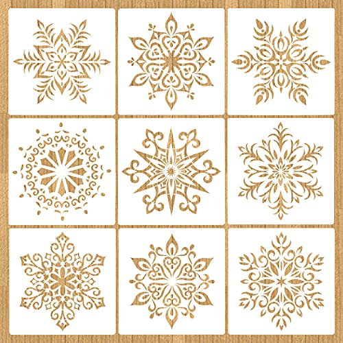 VETPW 9Pcs Mandala Schablonen Stencils Set, Wiederverwendbares Schneeflocken Blumen Design Malerei Vorlage Zubehör, DIY Schablone zum Malen an der Wand Scrapbooking Home Dekoration, 20x20CM