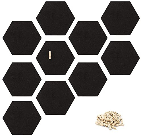 Navaris 10x Hexágono de Corcho Adhesivo - Set de 10x Tablero Adhesivos Negro con 50 chinchetas de Clip - Portafotos anuncios de Pared - 15 x 17,1 cm