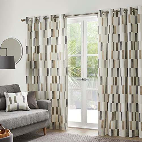 Fusion Natural Geometric Tile Cotton Curtains – W46 x L54 (117x137cm) – 2 Panels – Eyelet Drapes with Vertical Rectangle Print – Sound-Reducing Curtains for Bedroom or Living Room – Modern Style