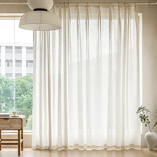 MAIHER 84” Wide Pinch Pleated Curtains 96 Inches Long for Sliding Glass Door, Linen Blend Texture Pinch Pleat Semi Sheer Drapes with Hooks for Living Room, Light Filtering 1 Panel