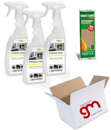 Fireglass, detergente pulitore immediato ed efficace per vetroceramica, forni, barbecue, vetri di stufe e termocamini, muri e mattoncini in Kit con Diavolina (Fireglass 3pz + Diavolina 24)