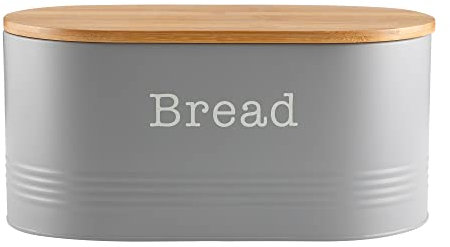 EHC Space Saving Extra Large Bread Box Bin With Wooden Lid For Kitchen Storage,Round Enamel Bread Storage Canister Bin Crock Jar For Kitchen, Grey