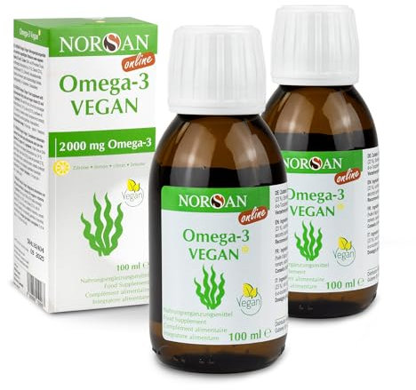 NORSAN Premium Omega-3 Vegan Öl hochdosiert 2 x 100ml / 2000 mg Omega-3 Tagesdosierung/Algenöl reich an EPA & DHA 800 IE Vitamin D3