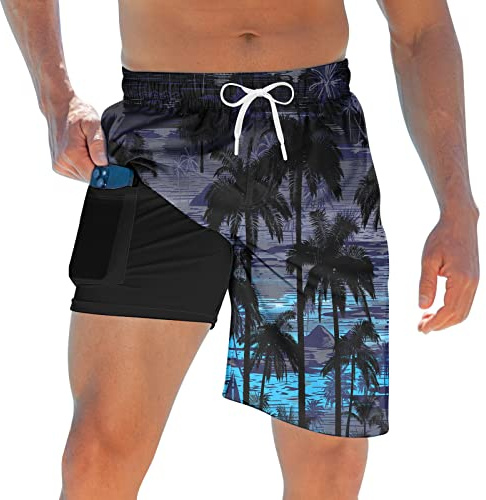 TUONROAD Big and Tall Swimming Trunks Mens Blue Palm Tree Swim Shorts with Compression Liner Men's 3D Painting Swimwear for Men Blue Tie Dye Boardshorts Youth Male Competitive Running Swimsuit M