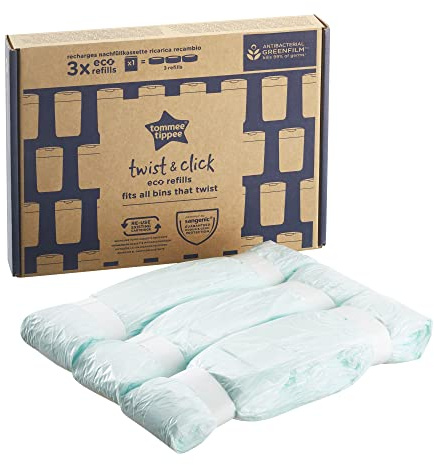 Tommee Tippee Twist & Click Nappy Bin Refills, Pack of 3, each 10.5 metres, Multilayer, Antibacterial* Film, Designed to Slot into Your Existing Twist & Click Nappy Bin Cassette (3 X 10.5m)
