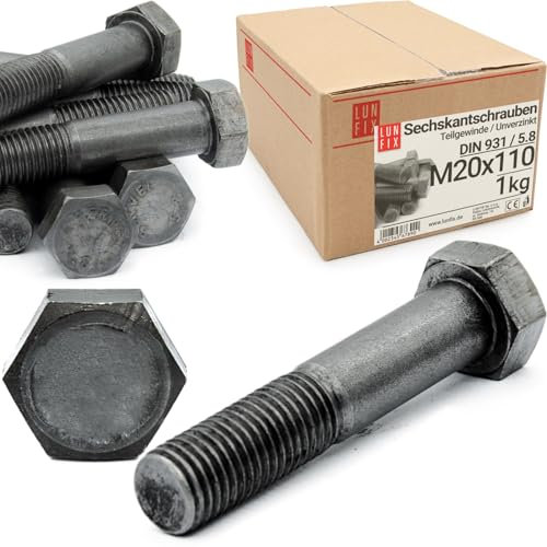 Sechskantschrauben M20 x 110 DIN 931 1 kg (ca.3 Stk.) Teilgewinde,Klasse 5.8,unverzinkter Stahl Gewindeschrauben mit sechseckigem Kopf,6 Kant Maschinenschrauben mit Schaft,Teilgewindebolzen