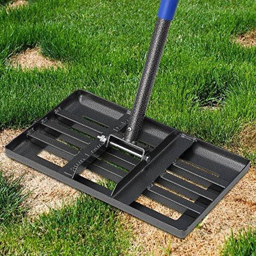 Rake, Lawn Leveling Rake with Round Edge, 5 FT Lawn Leveler with 17 x 10 Small Rakes Head for Smooth Garss Soil Dirt Sand, High Effect Long Handle Ground Leveling Tool for Yard Garden, No Flip