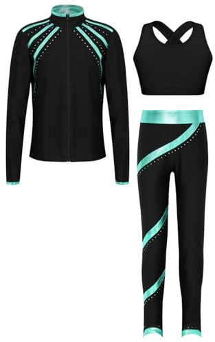 Oyolan Enfant Fille Ensemble Veste Patinage Artistique et Pantalon Strass Brillant Tenue Gymnastique Danse Entraînement 5-16 Ans Bleu vert 11-12 ans