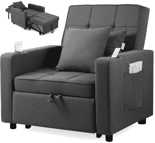 Makika Schlafsessel Schlafsofa Tommy 3in1 - Verstellbare Rückenlehne - inkl. 2 Kissen Getränkehalter Seitentaschen - Bis 150kg - Relaxsessel Schlafstuhl Klappbett Gästebett Wohnzimmer Dunkelgrau