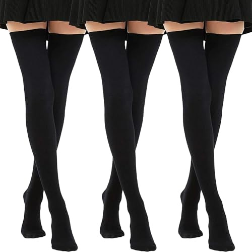 3 Pairs Black Over The Knee Socks for Women, Long Thigh Highs, 53 Cm Extra Long Knitted Stockings With Grip for Daily Wear and Cosplay