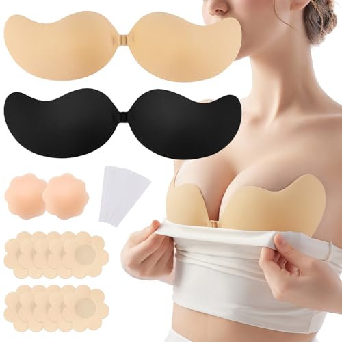 Leikedun 2 Pack Breast Sticky Bra Push Up Strapless Stick on Bras Invisible Bra Nipple Cover Set for Women with 6 Pair Nipple Covers and 10 Pcs Double Sided Tape