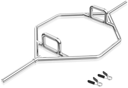 COSTWAY Trap Bar, 142 cm hantelstång med 2 fjäderlås och fällbart handtag, hex bar 25/50 mm fäste, Olympic bar för knäböj, korslyft