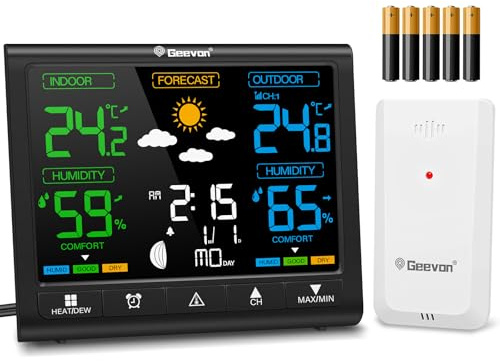 Geevon Wetterstationen mit Außensensor, LCD Anzeige, Außenthermometer für präzise Wetterdaten, einfache Nutzung, hohe Lesbarkeit, Inklusive USB und Batterie (246250 mit batterien)