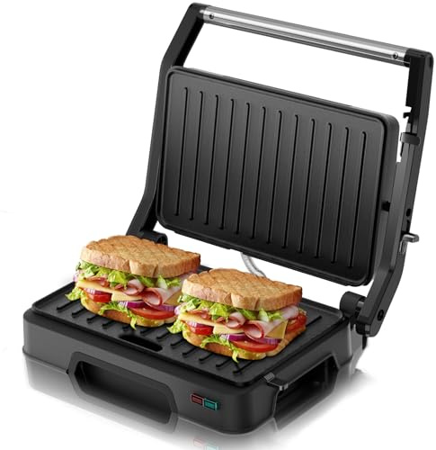 SUPERLEX Sandwichmaker Kontaktgrill 2in1 Panini Grill 850W Elektrogrill Sandwichtoaster Mit Antihaftplatten Kontrollleuchten 180 Grad Öffnung Kompaktes Design Für Paninis Toasties Fleisch Gemüse