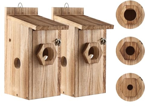 Uppsättning av 2 fågelholkar för vilda fåglar, nestlådor för fåglar för utomhusbruk, väderbeständig, fågelhus att hänga upp, stor nestlåda, häcklåda för mesar, sparvar, rödhakar,undulat och koltrast,F