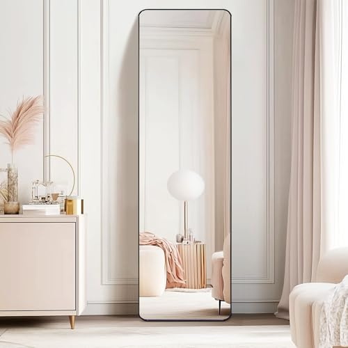 CROWNSHOP Full Length Mirrors 160x50cm Free Standing Aluminium Alloy Tempered Glass Floor Mirror Wall Full Body Large Hanging Mirror For Hallway, Living Room, Bedroom (160x50cm Black)