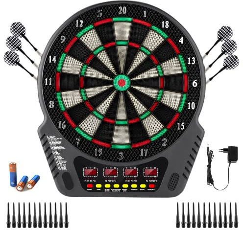 Cible de fléchettes électronique Professionnelle avec 6 fléchettes et 24 têtes de flèches 27 Jeux 243 Options de Jeu E Dardboard avec 4 écrans LCD pour 16 Joueurs