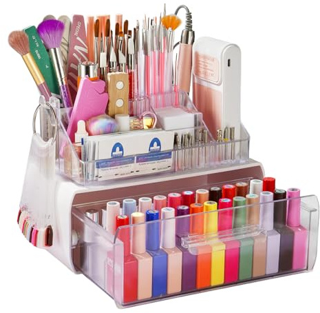 Yokilly Caja Organizadora Para Esmaltes De Uñas: Soporte Organizador Pintauñas Acrílico De 2 Niveles Con Cajón - Estuche De Almacenamiento Para Herramientas De Manicura