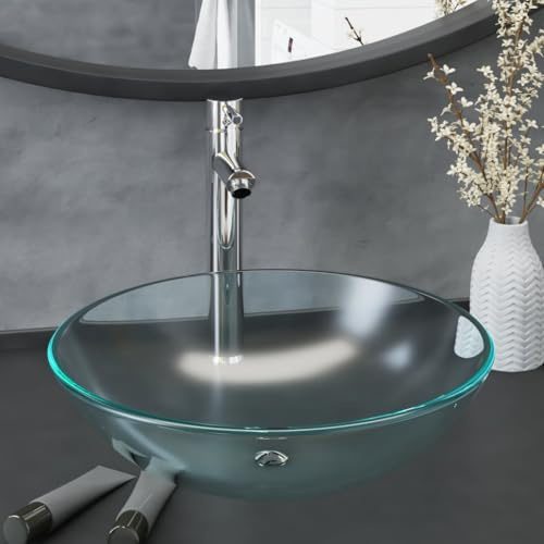 LoogCape badrum handfat vattenkran avloppsarmatur av matt härdat glas med keramisk ventil för tvättplats, rund, 42 cm, inklusive popup-proppar, hållbar, platsbesparande