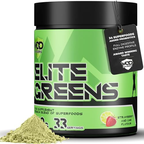 Elite Greens Superfood - WOD Powders | 34 Vegan Superfoods and Natural Ingredients, Green and Red Fruits, Berries,Vegetables, Prebiotics & Digestive Enzymes - 500g (Strawberry & Lime)