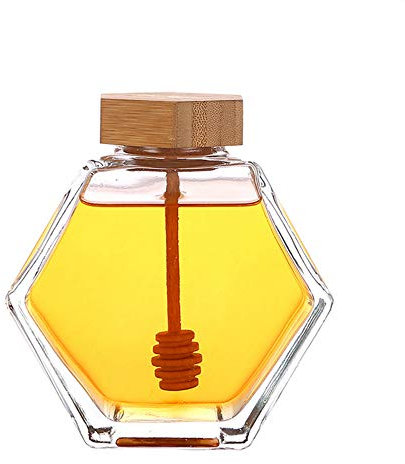 1Pcs 380ml/12.8oz Honey Jar Clear Thicken Glass Hexagon Shape Honey Pot Jar Container with Wooden Dipper and Cork Lid Empty Refillable Syrup Beehive Dispenser Food Storage Container for Home Kitchen