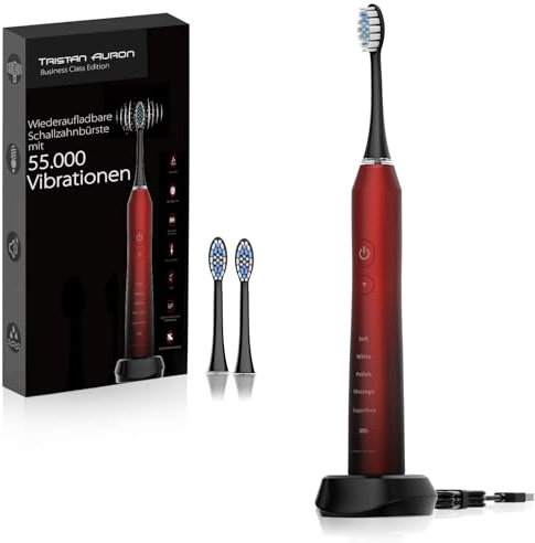 Tristan Auron Schallzahnbürste – Elektrische Zahnbürste mit 55.000 Schwingungen – 5 Modi, 60 Tage Akku – kompakt & leise – mit 2 Aufsteckbürsten – für sanfte Zahnreinigung (Rot)
