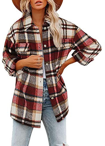 Dam Blus Rutig Skjorta Skjorta Rutig Topp Rutig Skjorta Button Down Skjorta Blus Långärmad Tunika Pojkvän Rutig Skjorta (Color : Red, Size : XL)