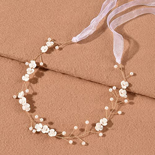 Czemo Damen Blumenkranz Haarschmuck Blumenstirnband Boho Blumen Haarreif für Hochzeit Zeremonie Party Festival Waldfee Kostüm (Gold, 35CM)