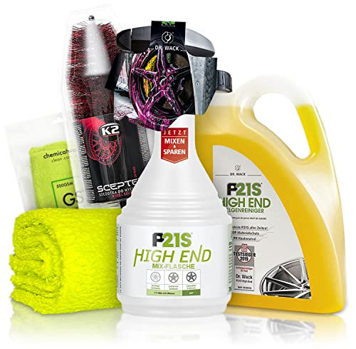 Felgenreiniger Set: Dr. Wack P21S HIGH END Felgen Reinigung für alle Felgen + Dr. Wack Mix-Flasche + K2 PRO Felgenbürste + ChemicalWorkz Premium Mikrofasertuch 500GSM | 4-teilig