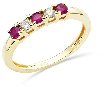 MIORE Anello di fidanzamento da donna con diamante 0,13, 4 griffe, in oro bianco 9 carati, con zaffiro blu e diamanti naturali, anello in oro massiccio, anello nuziale, fornito con scatola portagioie,