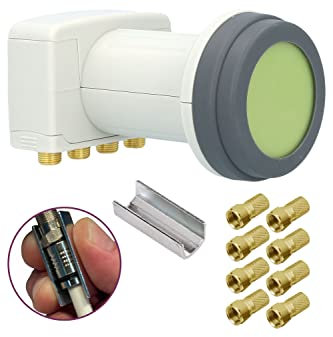 [ Test SEHR GUT, Note 1.2 *] GSS Helios Quad LNB + 8X F-Stecker, mit LTE Abschirmung & Sun Protect UV Schutz, 4Fach HD 4K LNB für 4 Teilnehmer (TV Fernseher, Sat Receiver) LMB LNC für Satelliten