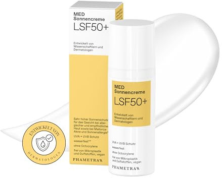 Phametra MED Sonnencreme LSF 50 + für das Gesicht | Sehr hoher Schutz bei allergischer und empflindlicher Haut |ohne Octocrylene | UVA + UVB Schutz | wasserfest |ohne Duftstoffe | vegan | 50ml