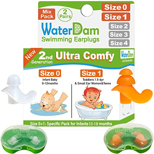 WaterDam Schwimm-Ohrstöpsel, wasserdicht, ultra-bequem, verhindern Schwimmer-Ohrstöpsel (Größe 0+1: Säuglinge 0-12 Monate (transparent) und Kleinkinder (orange))