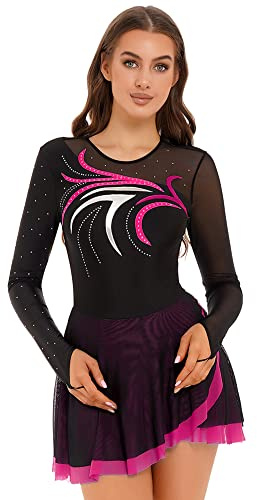 iEFiEL Damen Langarm Eiskunstlauf Kleid Glitzer Tanzkleid Strass Kürkleid Rollkunstlauf Bekleidung Tanzanzug Tanzkostüm Rosa XXL