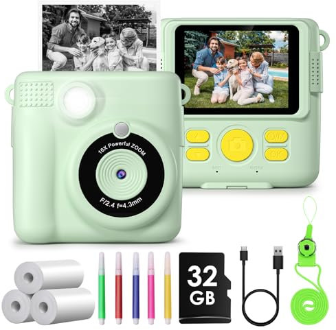 Camara Fotos Infantil Instantanea,GREENKINDER Camara Fotos Infantil,2.4 HD 1080P Cámara Instantánea para Niños con Tarjeta de 32GB,Bolígrafos de Colores y Papel de Impresión,Regalos Juguete