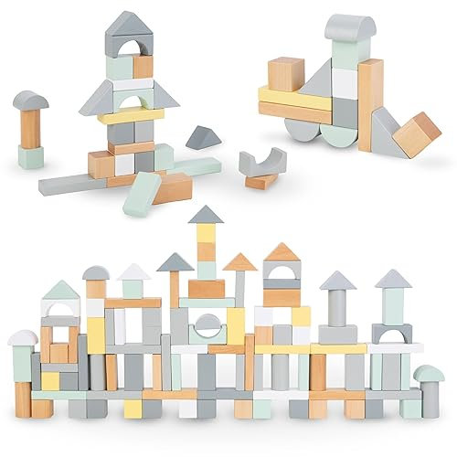 mamabrum MAM97 Holzklötze Set - 100 XL Holzwurfel & Bauklötze in Pastellfarben, Montessori Lernspielzeug für Kinder ab 2 Jahren, Klötzchen aus Holz für kreatives Bauen