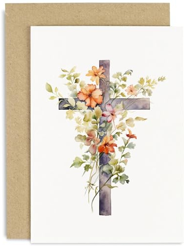 Old English Co. Watercolour Artwork of Religious Cross with flowers Greeting Card - Faith Card for Baptism, Christening, First Holy Communion, Easter, Sympathy - For Adult, Mum, Dad | Blank Inside
