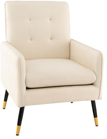 COSTWAY Armchair Accent Chair, Modern Tufted Upholstered Single Sofa Chair Lounge Armchair with Metal Legs, Linen Fabric Comfy Occasional Reading Chair for Living Room Bedroom Reception (Beige)