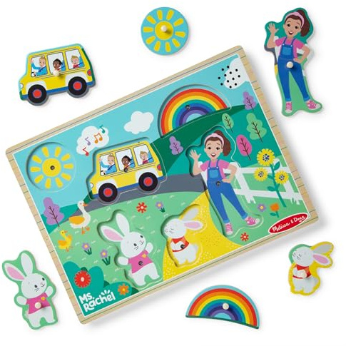 Melissa & Doug Ms. Rachel Wooden Song Peg Puzzle | Musical Toys for Toddlers, Early Sound Learning for Kids | Age 2-5 - FSC Certified | 7 pieces wooden board, 6 song pegs, light-activated songs, sensory puzzle game, educational toys for toddlers