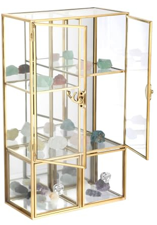 SUMTree Vetrina per gioielli in vetro dorato, vetrina per gioielli, vetrina in vetro a specchio per bigiotteria con 5 slot con 2 cassetti, organizer per gioielli dorato, 20 x 10 x 34 cm