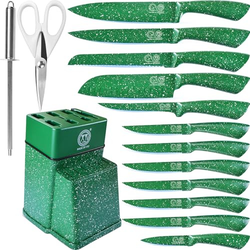 XYJ Auténtico desde 1986, Juego de cuchillos de cocina de acero inoxidable con soporte para cuchillos, mango verde, juego de cuchillos de cocina japoneses, cuchillo para bistec, cuchillo de trinchar