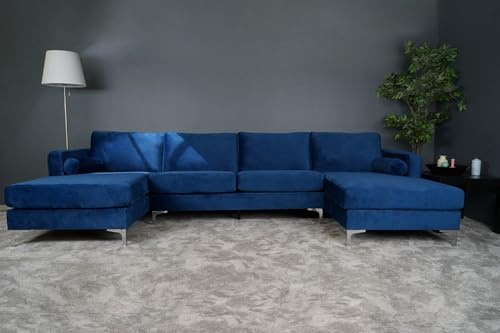 Valencia Helio Luxury Velour 6 Seats Sofa for Living Room, Fabric Modular Sofa with 2 Chaise, Large Sofa Set, Royal Blue