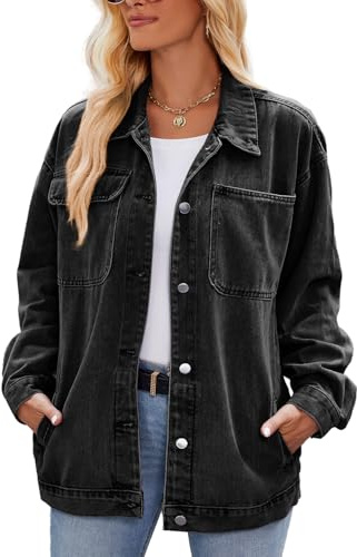 Sukany Women's Retro Casual Denim Jacket Oversized Button Up Long Sleeve Loose Lapel Washed Denim Shacket Coat Black XL